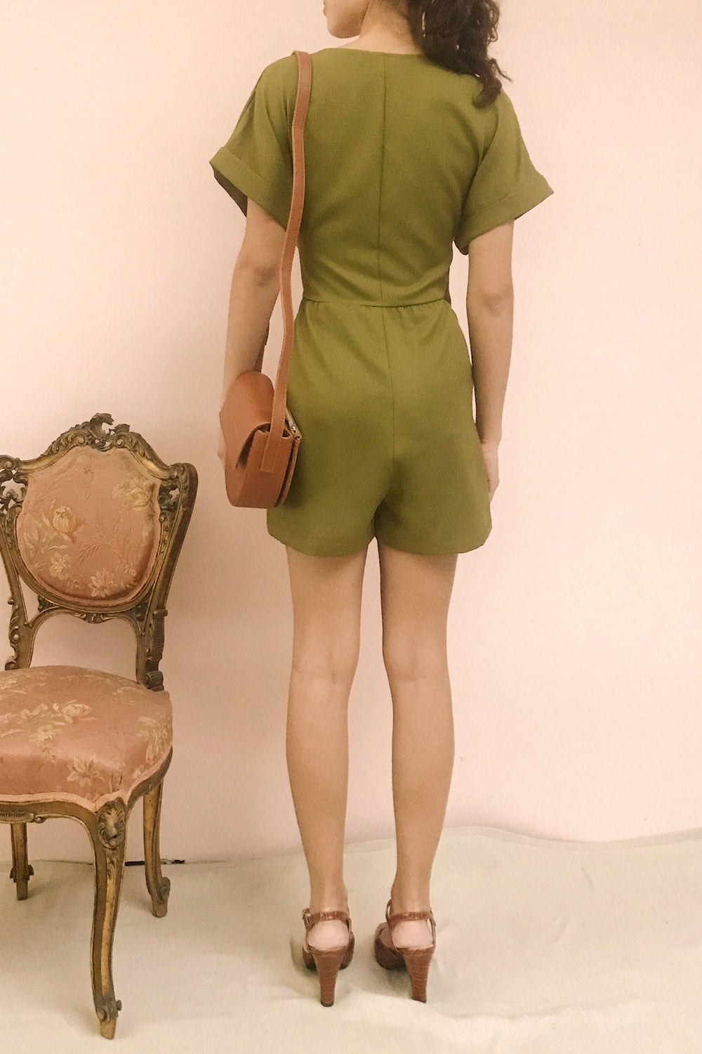 Brescia Black Short Sleeve Wrap Romper | La petite garçonne model back