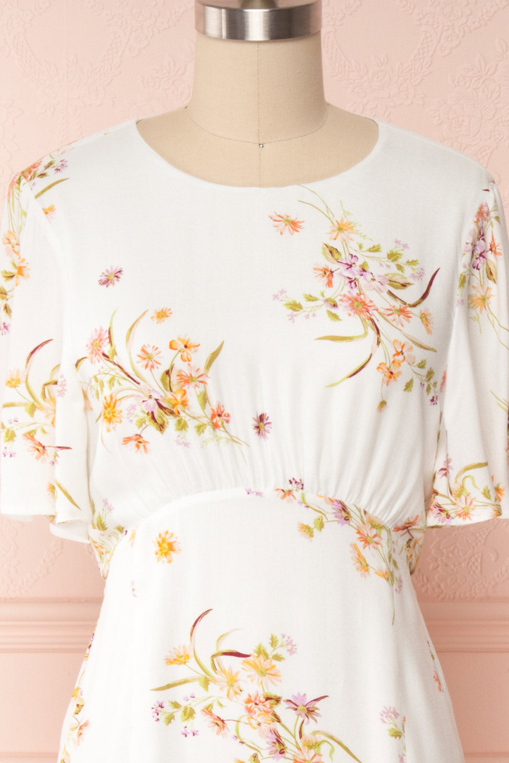 Briwate White Floral Short Sleeve Midi Dress | Boutique 1861 front close up