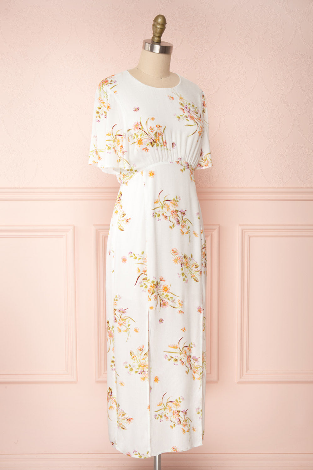 Briwate White Floral Short Sleeve Midi Dress | Boutique 1861 side view