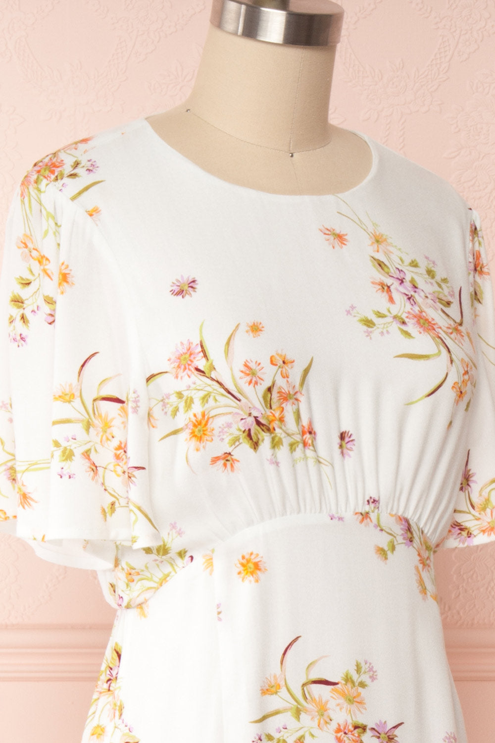 Briwate White Floral Short Sleeve Midi Dress | Boutique 1861 side close up