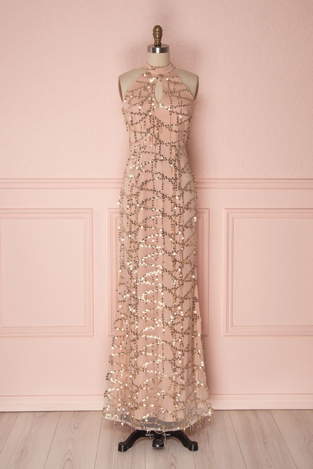 Bryony Peach Beige Sequins Mermaid Halter Dress | Boudoir 1861