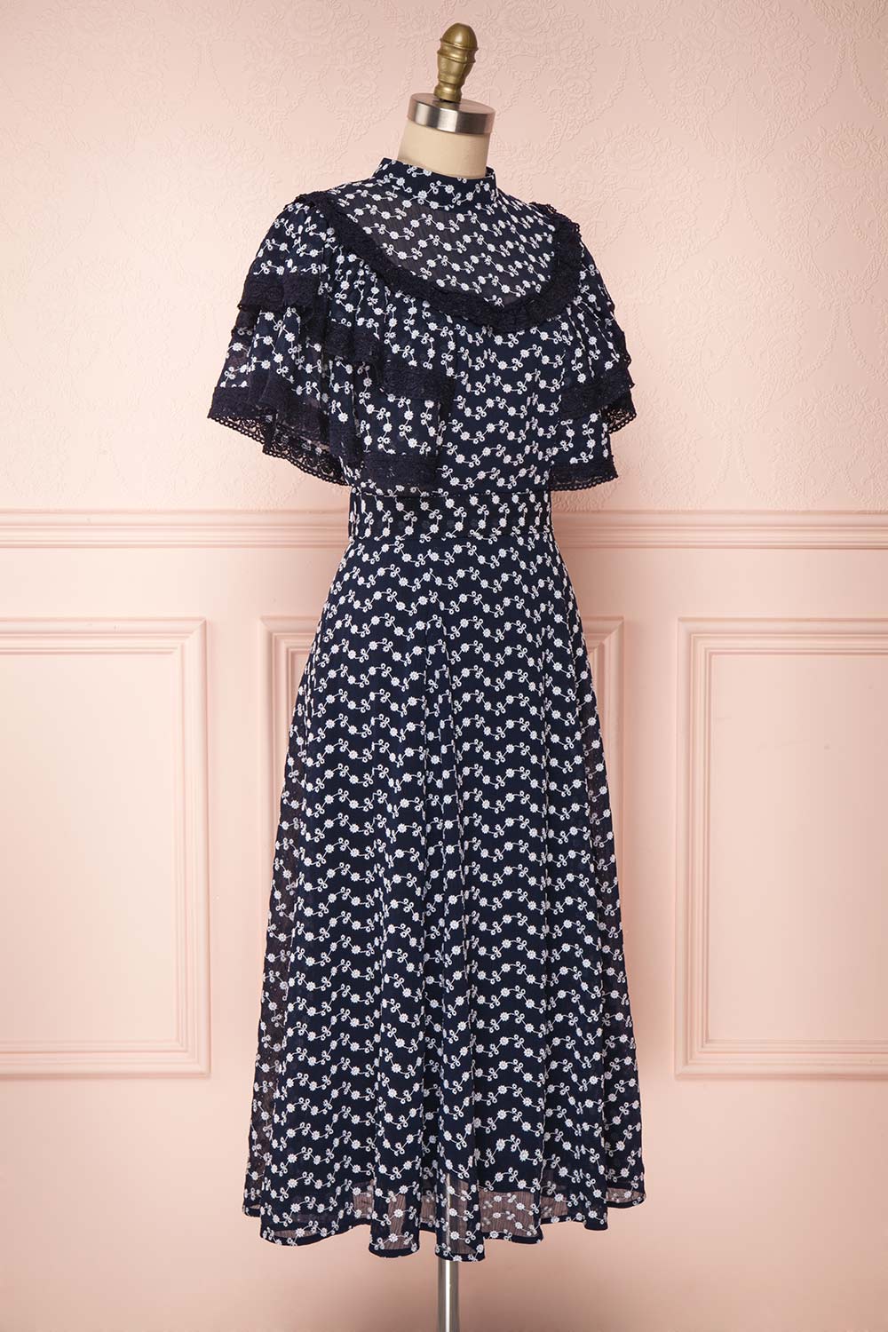 Buffy Navy Blue Embroidered Ruffled A-Line Dress | Boutique 1861