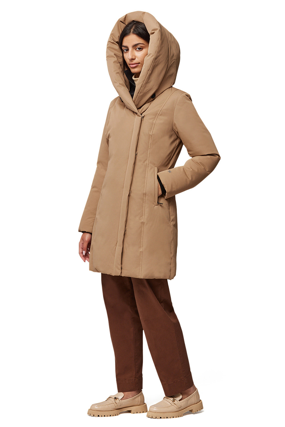 Camelia Beige Quilted Soia&Kyo Parka with Hood | La Petite Garçonne
hood on model