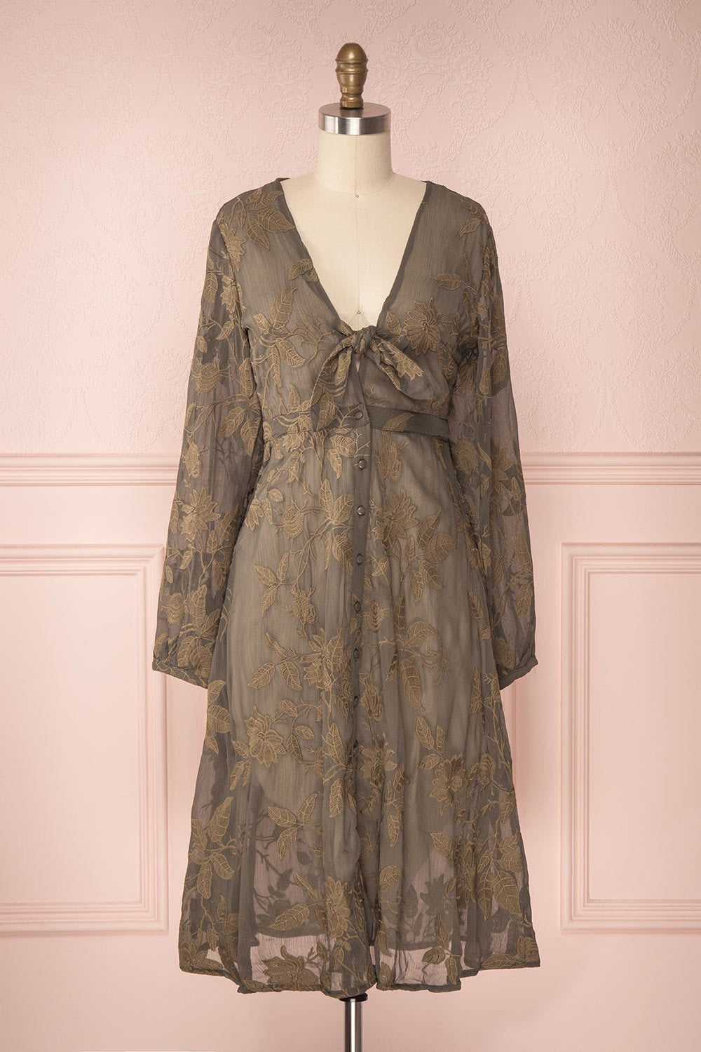 Cadha Green A-Line Dress with Floral Embroidery | Boutique 1861