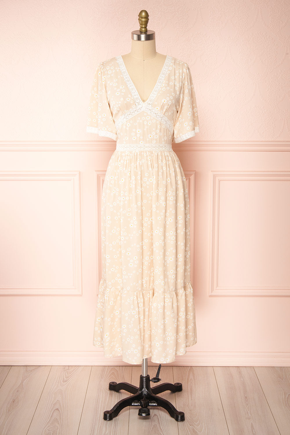 Cadice Beige Floral Short Sleeve Midi Dress | Boutique 1861 front view