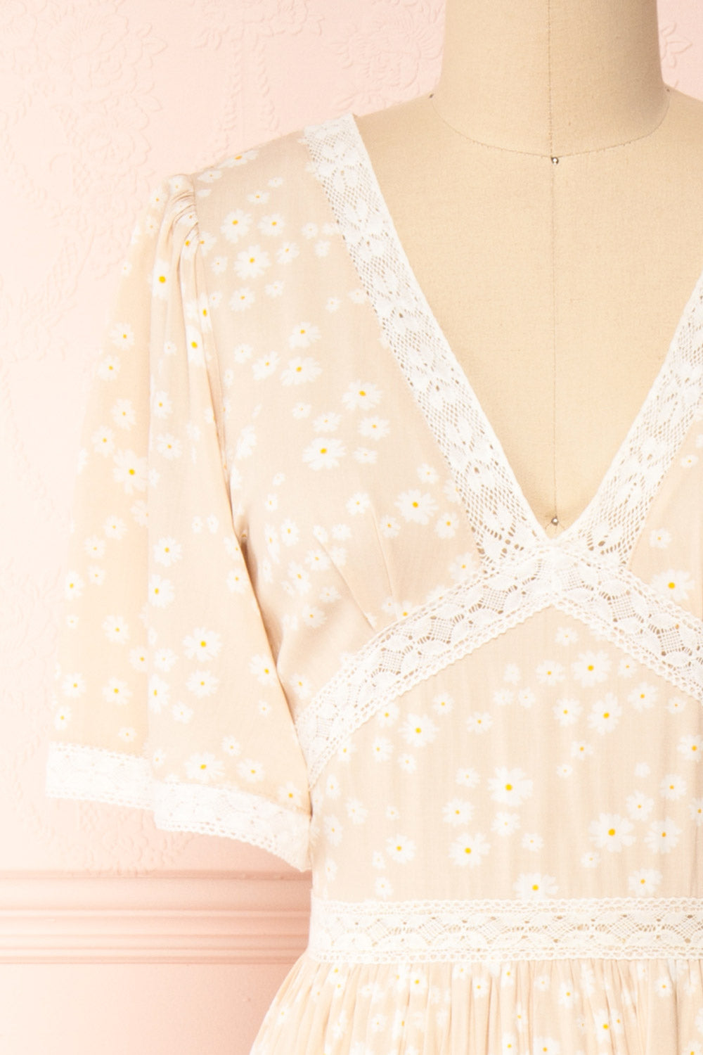 Cadice Beige Floral Short Sleeve Midi Dress | Boutique 1861 front close-up