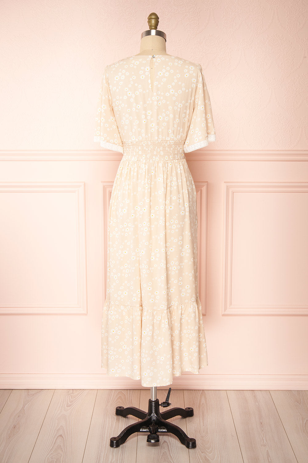 Cadice Beige Floral Short Sleeve Midi Dress | Boutique 1861 back view