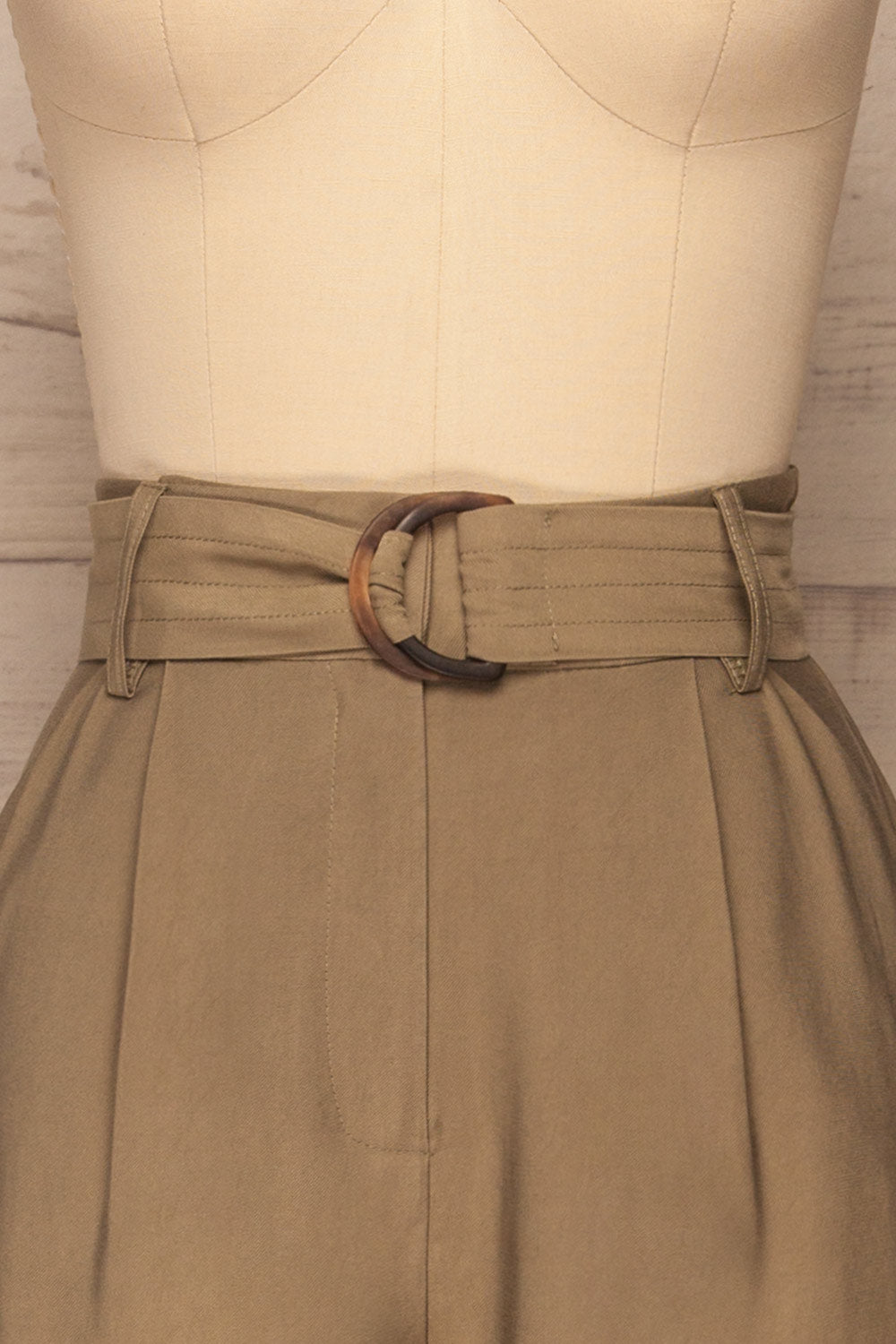 Calderon Khaki High Waist Wide Leg Pants | La petite garçonne front close-up