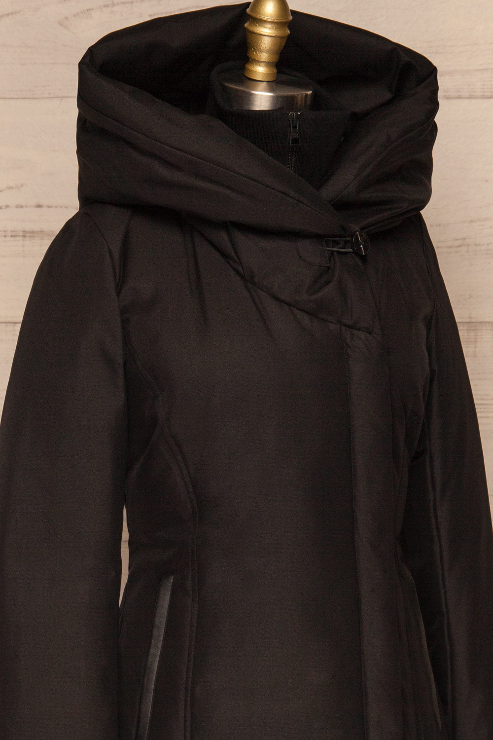 Camelia Black Quilted Soia&Kyo Parka with Hood side close up | La Petite Garçonne