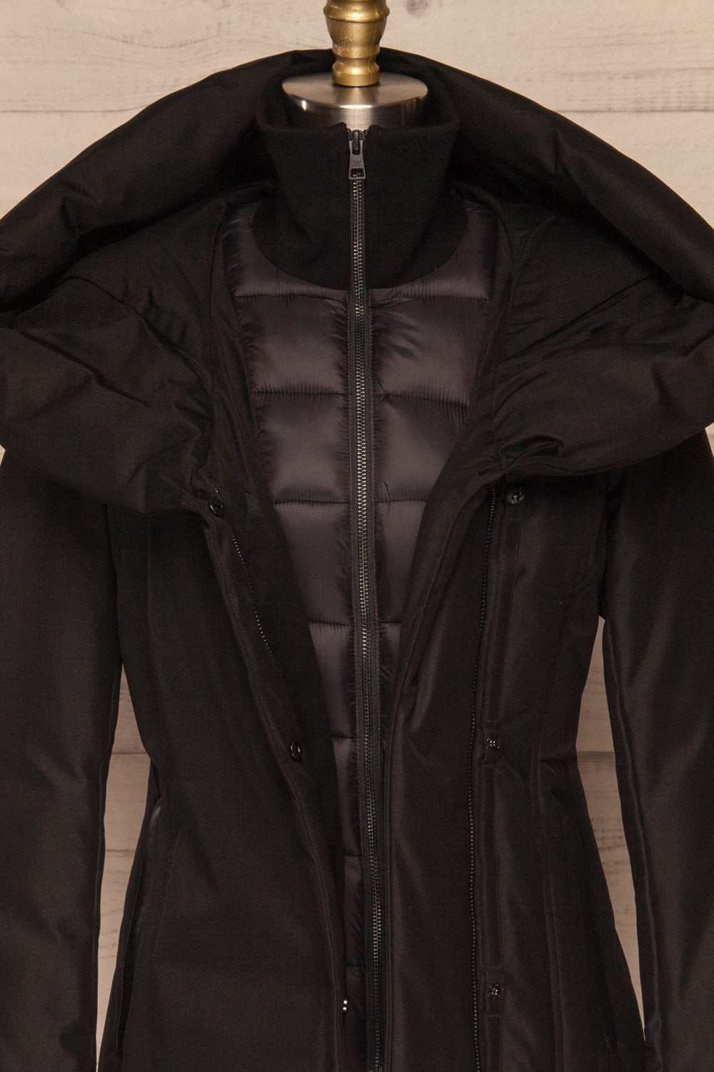 Camelia Black Quilted Soia&Kyo Parka with Hood front open close up | La Petite Garçonne