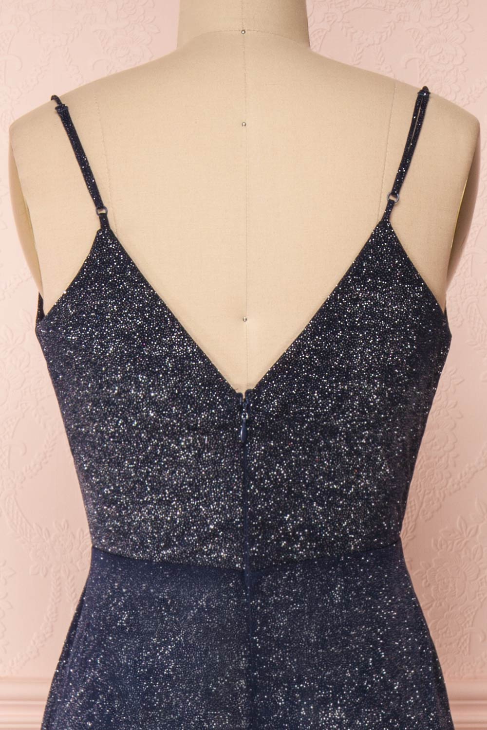 Campozano Navy Shimmery A-Line V-Neck Dress | Boutique 1861 back close-up