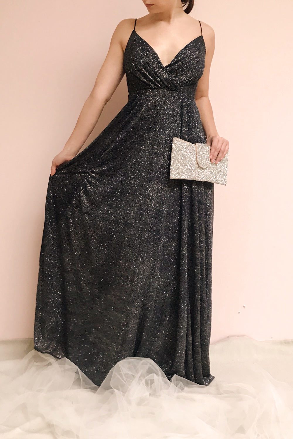 Campozano Navy Shimmery A-Line V-Neck Dress | Boutique 1861 on model