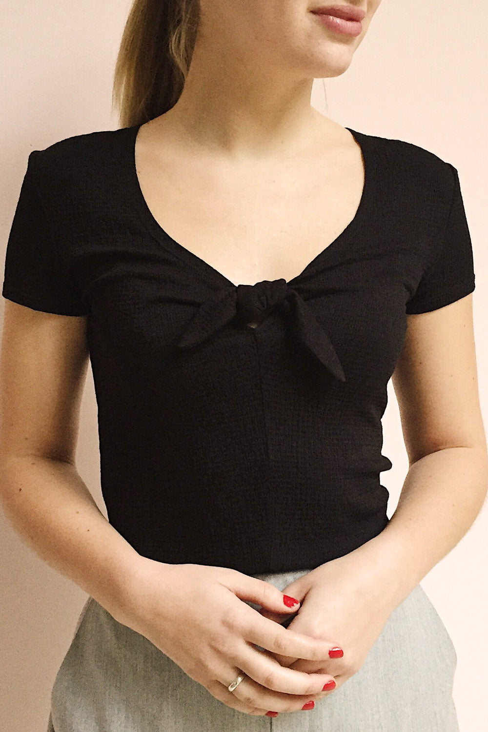 Cardiff Navy Blue V-Neck Knotted Top | La Petite Garçonne on model