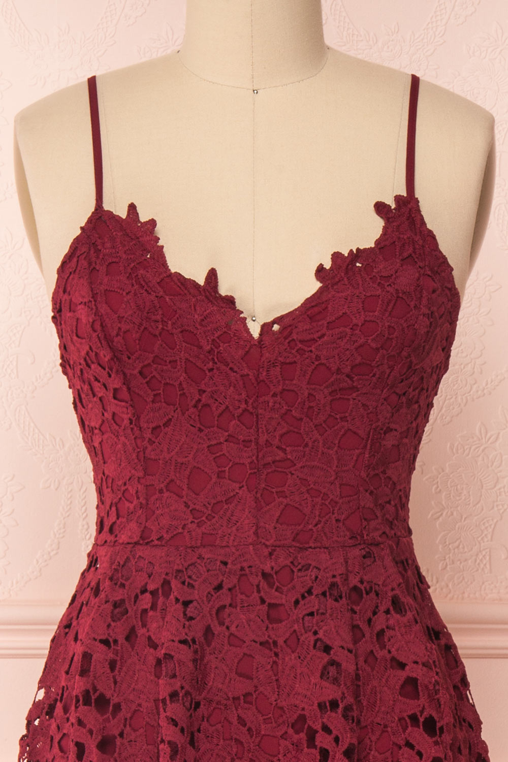 Carin Bourgogne Burgundy Lace A-Line Cocktail Dress | Front Close Up | Boutique 1861