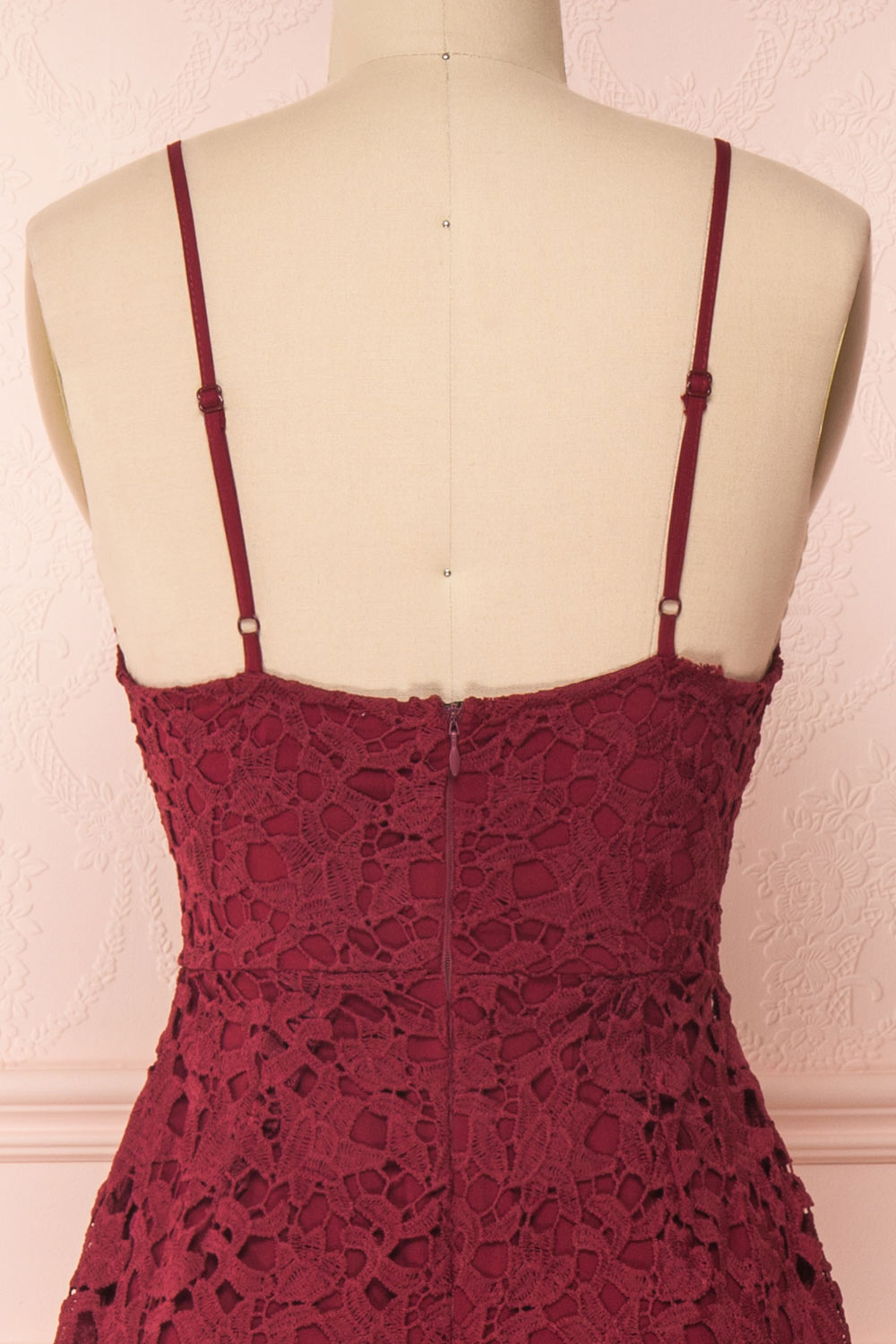 Carin Bourgogne Burgundy Lace A-Line Cocktail Dress | Back Close Up | Boutique 1861