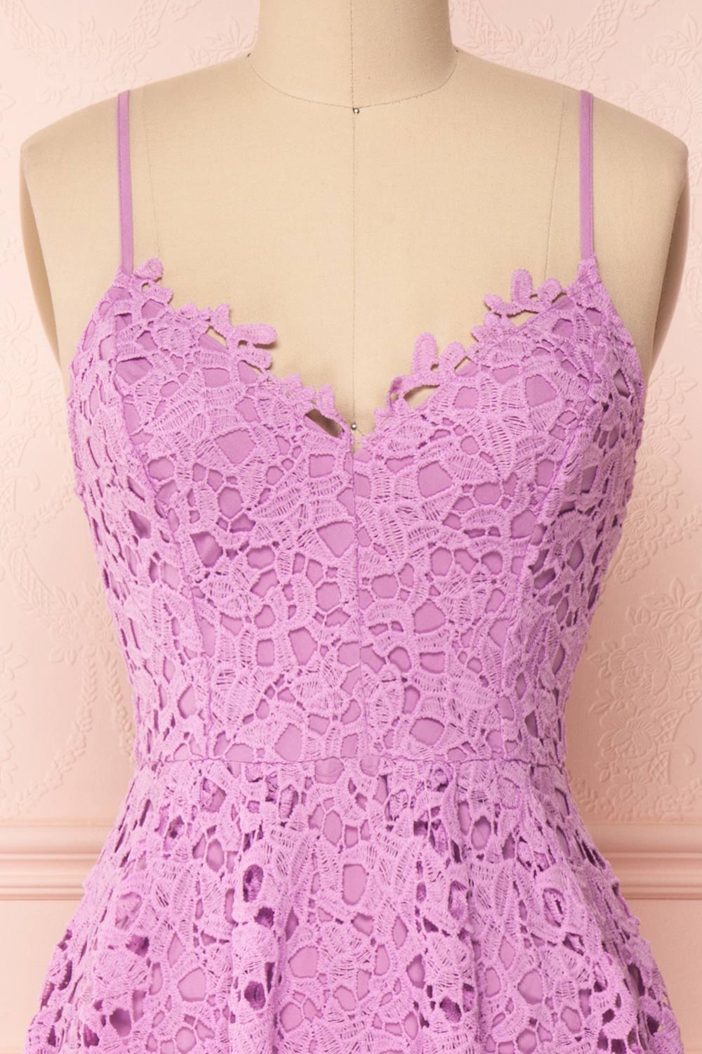 Carin Mauve Lilac Lace A-Line Cocktail Dress | Front Close Up | Boutique 1861