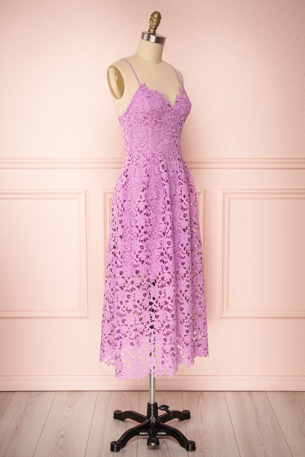 Carin Mauve Lilac Lace A-Line Cocktail Dress | Side View | Boutique 1861