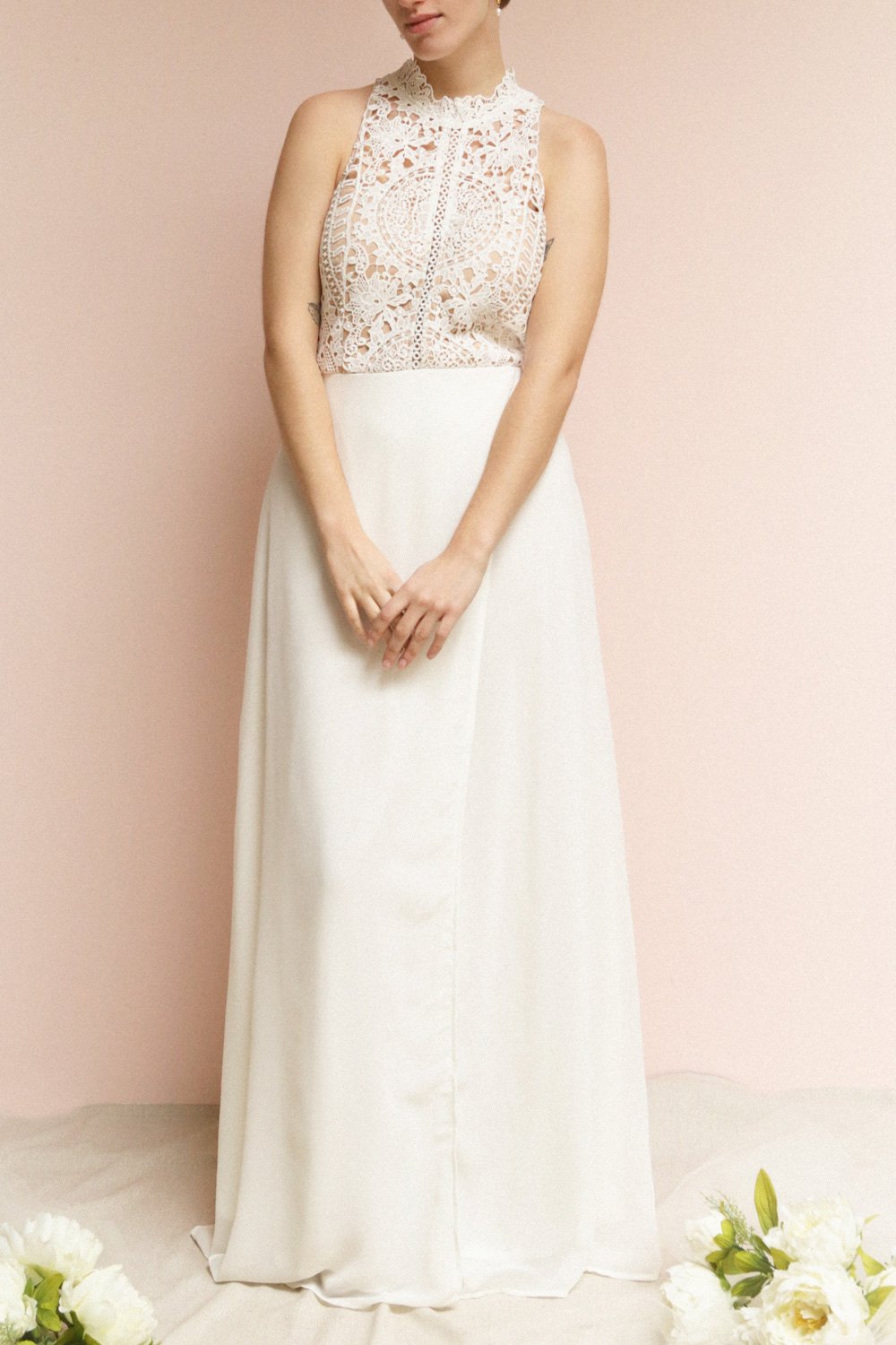 Carmen Ivoire White Lace Halter Bridal Dress | Boudoir 1861 on model