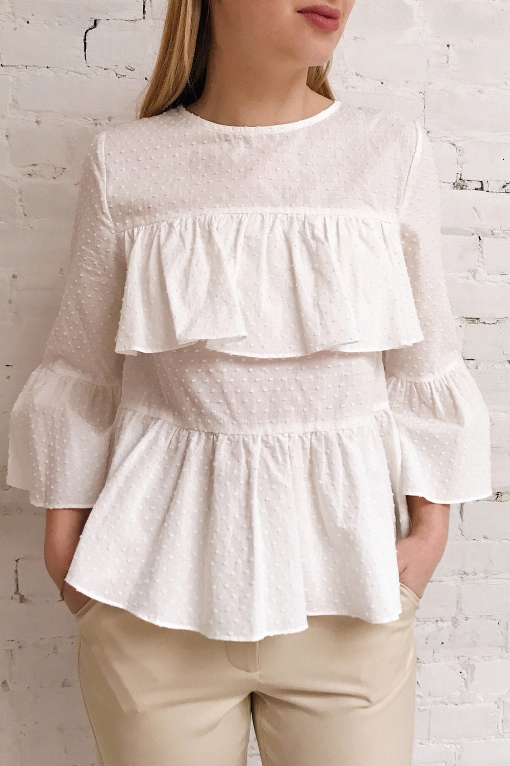 Cashapata White Embossed See-Through Ruffle Top | La petite garçonne model close up