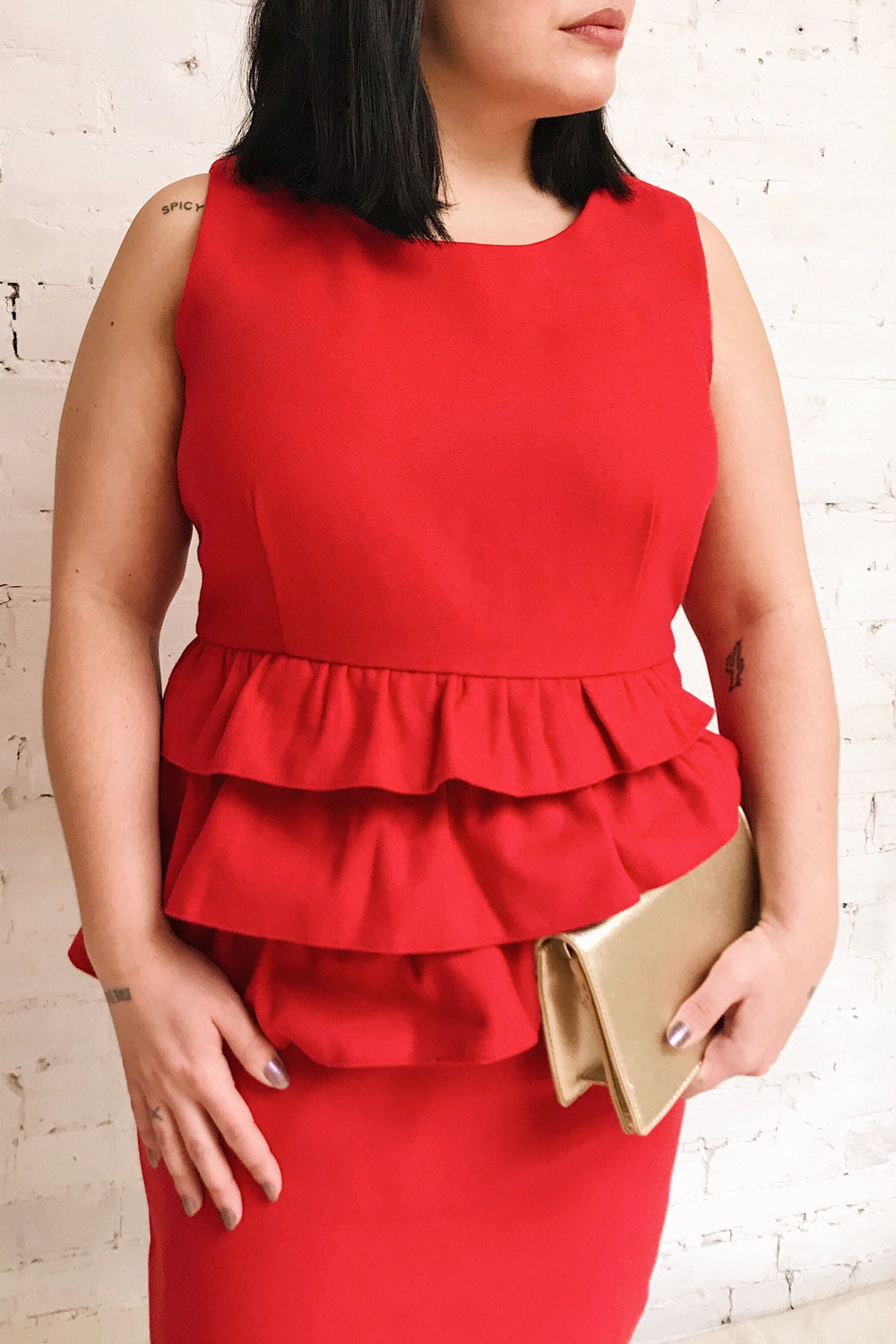 Cassandre Red Felt Cocktail Dress w/ Ruffles | Boutique 1861 on model