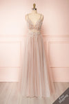 Cassia Taupe V-Neck Sparkling Tulle Maxi Dress | Boudoir 1861 front view