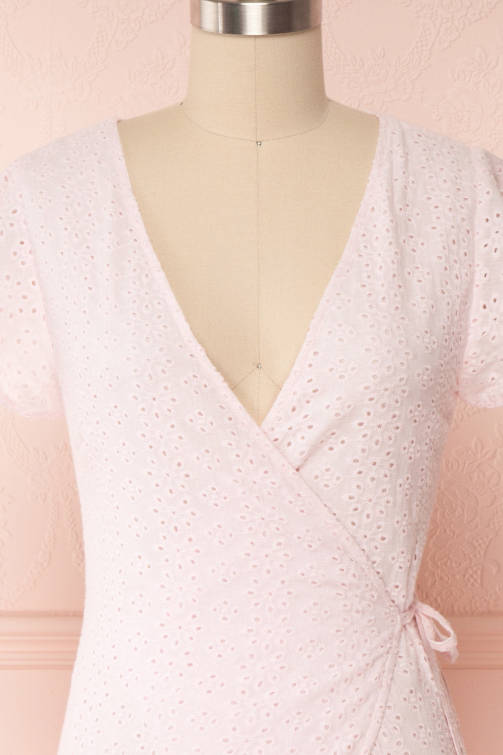 Cassie Blush Short Wrap Dress | Boutique 1861 front close up
