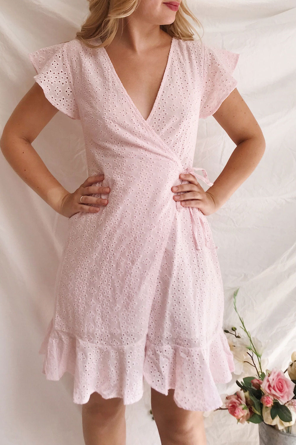 Cassie Blush Short Wrap Dress | Boutique 1861 on model