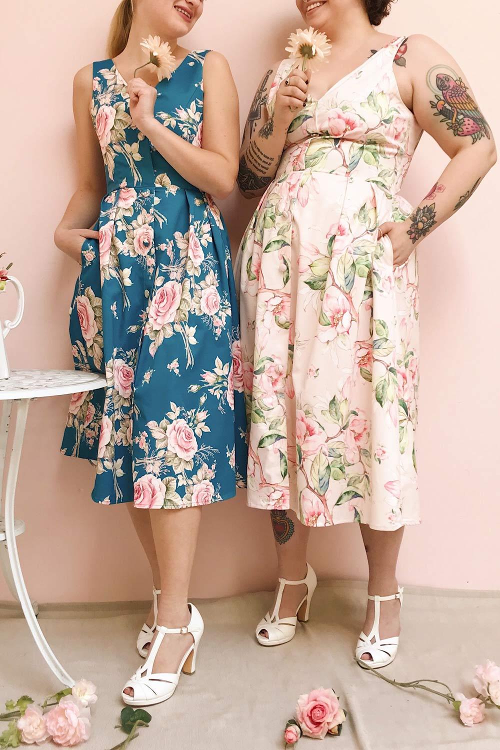 Taryn Red Floral Print A-Line Midi Dress | Boutique 1861 on model