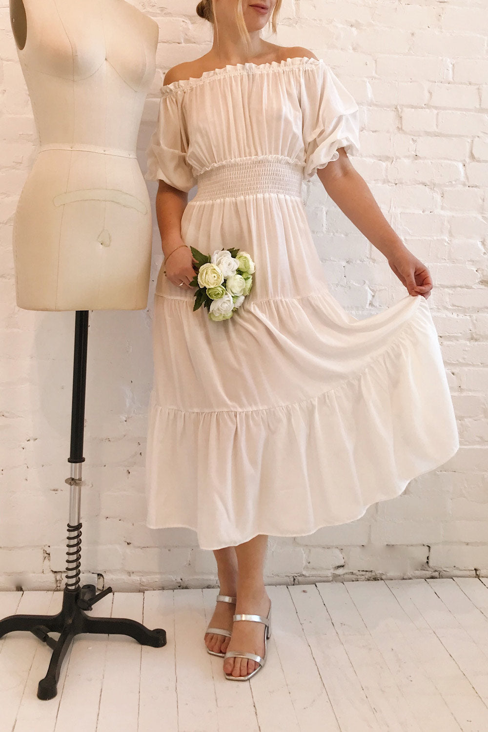 Catolie White Layered Midi Dress w/ Frills | Boutique 1861 model look
