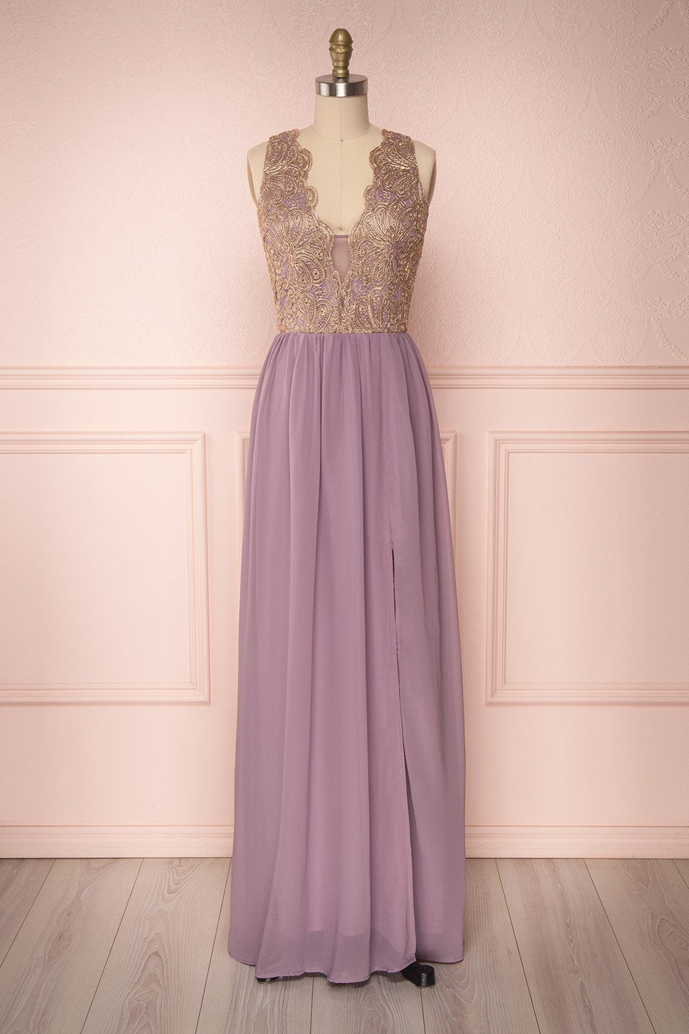 Chalva Mauve Chiffon A-Line Gown with Gold Appliqués | Boutique 1861