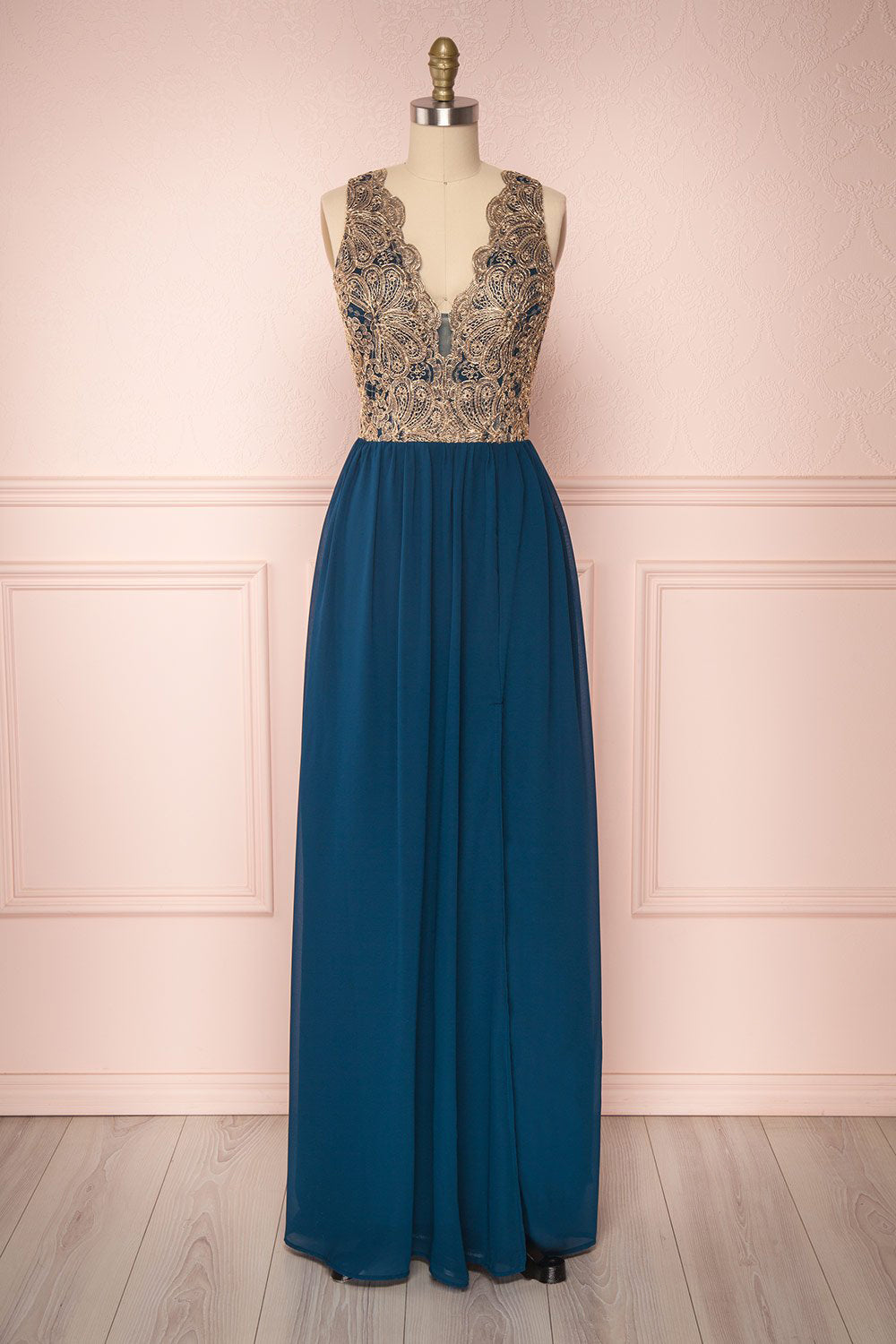 Chalva Teal Chiffon A-Line Gown with Gold Appliqués | Boutique 1861