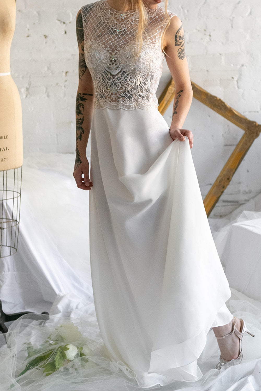 Chasya Ivory & Gold Embroidered A-Line Bridal Dress | Boutique 1861