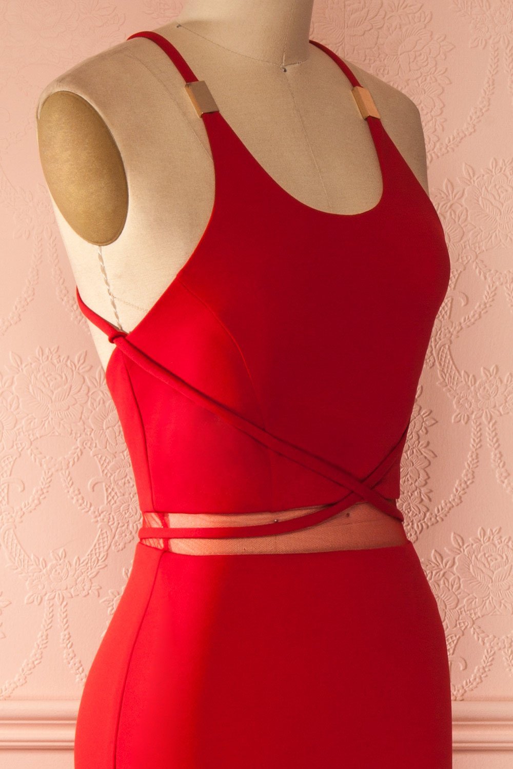 Cheska Passion - Red waist mesh cut-out halter gown
