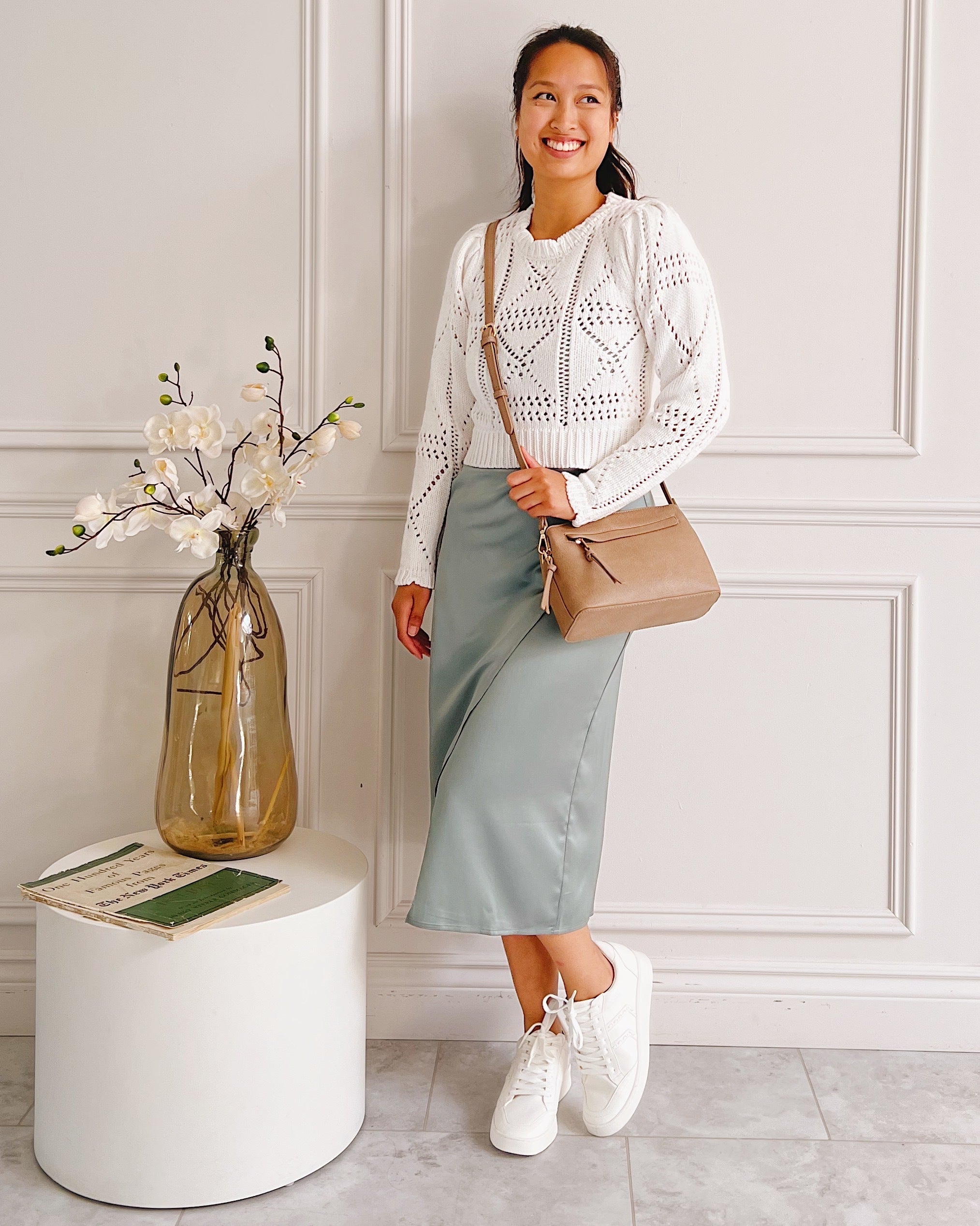 Okoye White Cropped Knit Sweater | Boutique 1861 on model