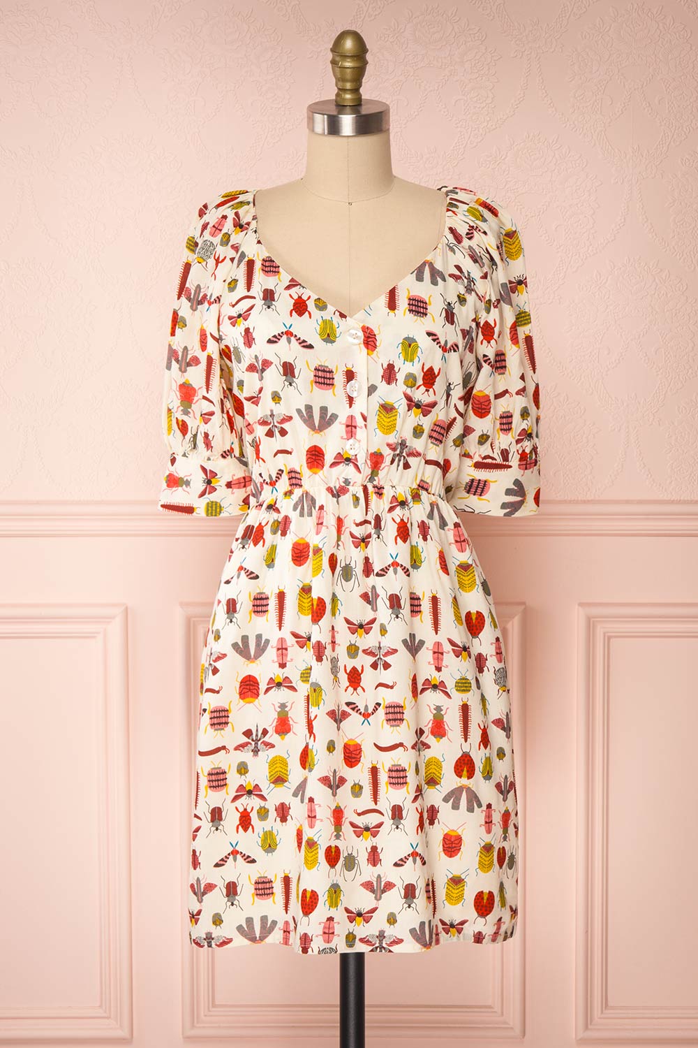 Claretta Cream Insects Printed Short Dress | Boutique 1861 front view