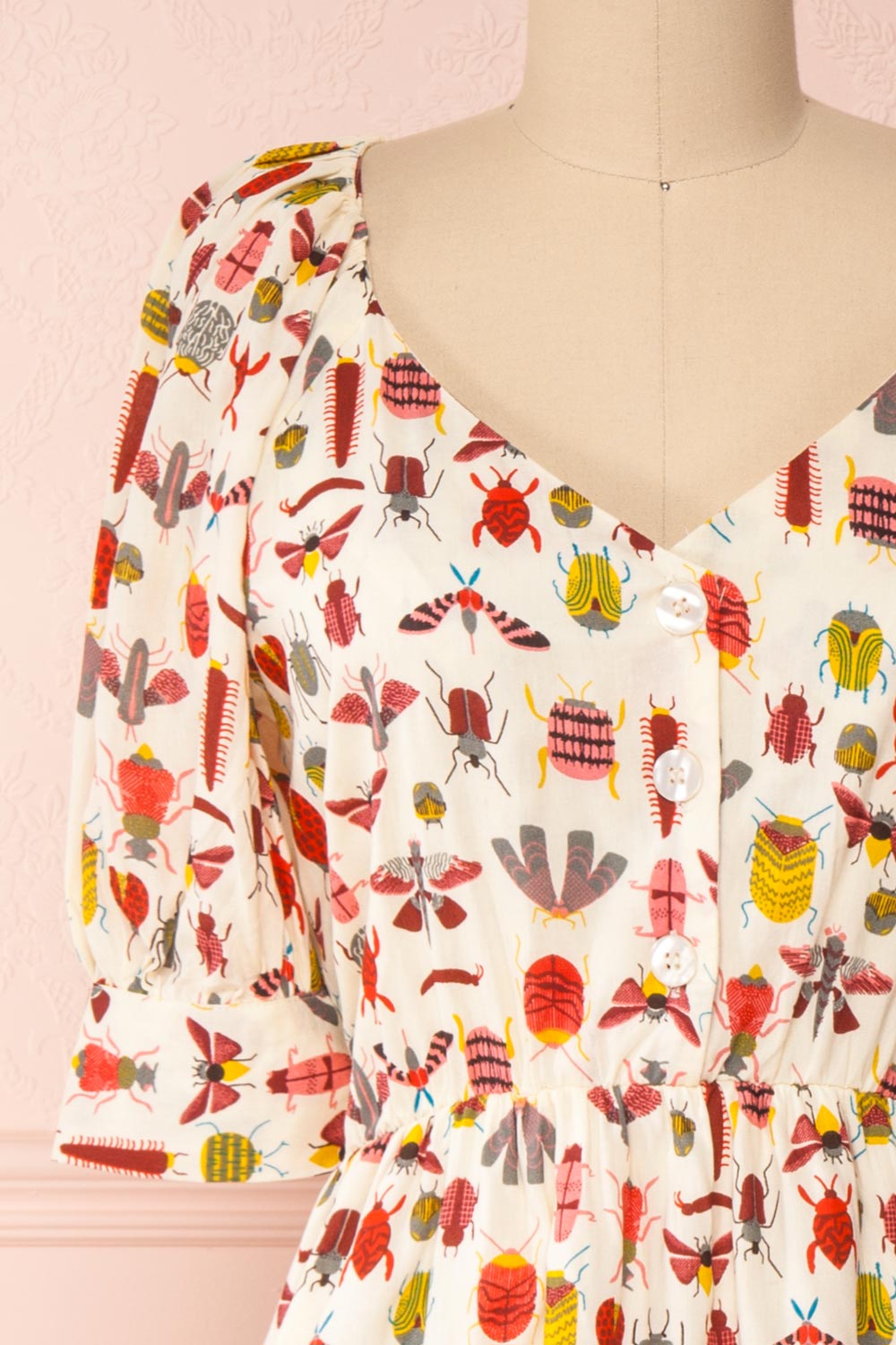 Claretta Cream Insects Printed Short Dress | Boutique 1861 front close-up