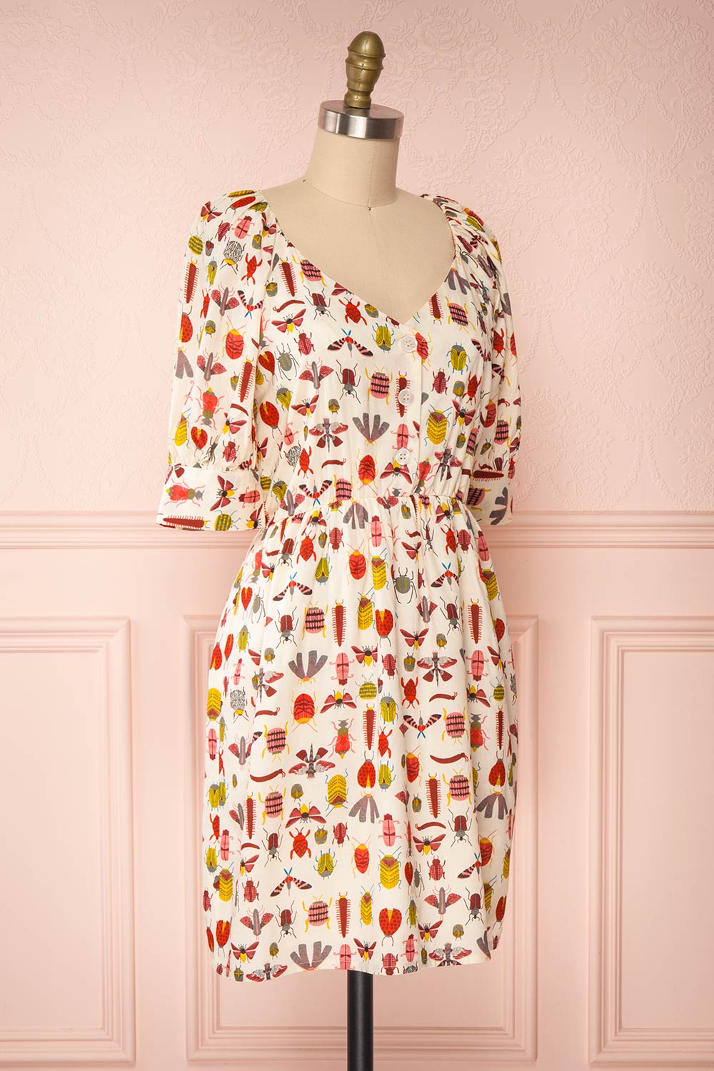 Claretta Cream Insects Printed Short Dress | Boutique 1861 side view