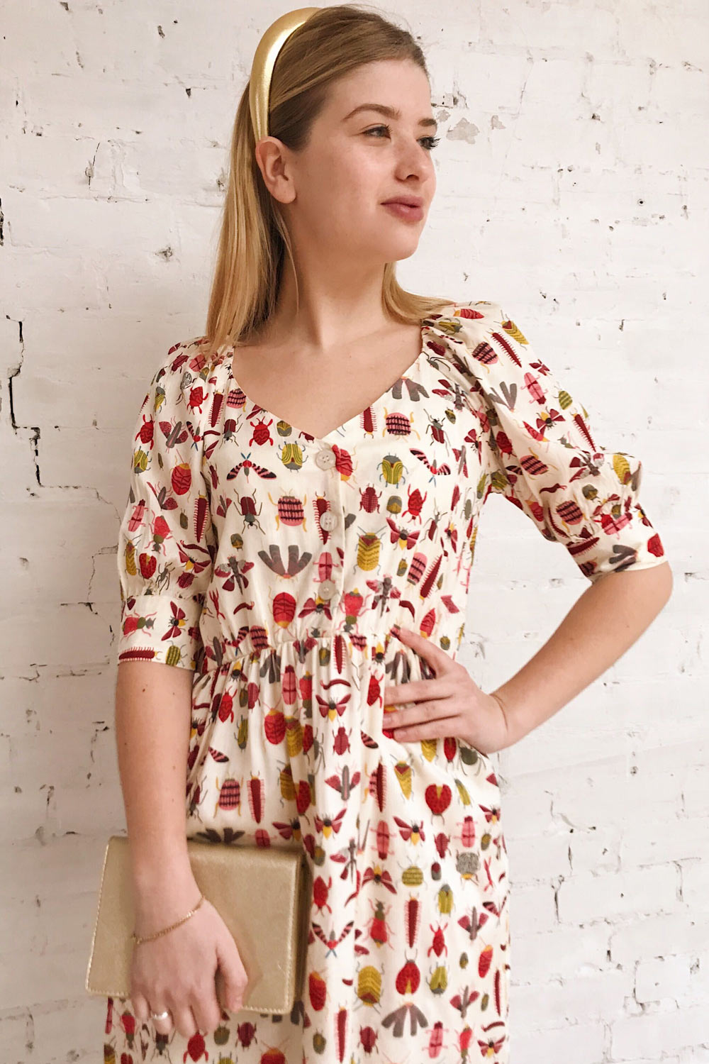 Claretta Cream Insects Printed Short Dress | Boutique 1861 on model