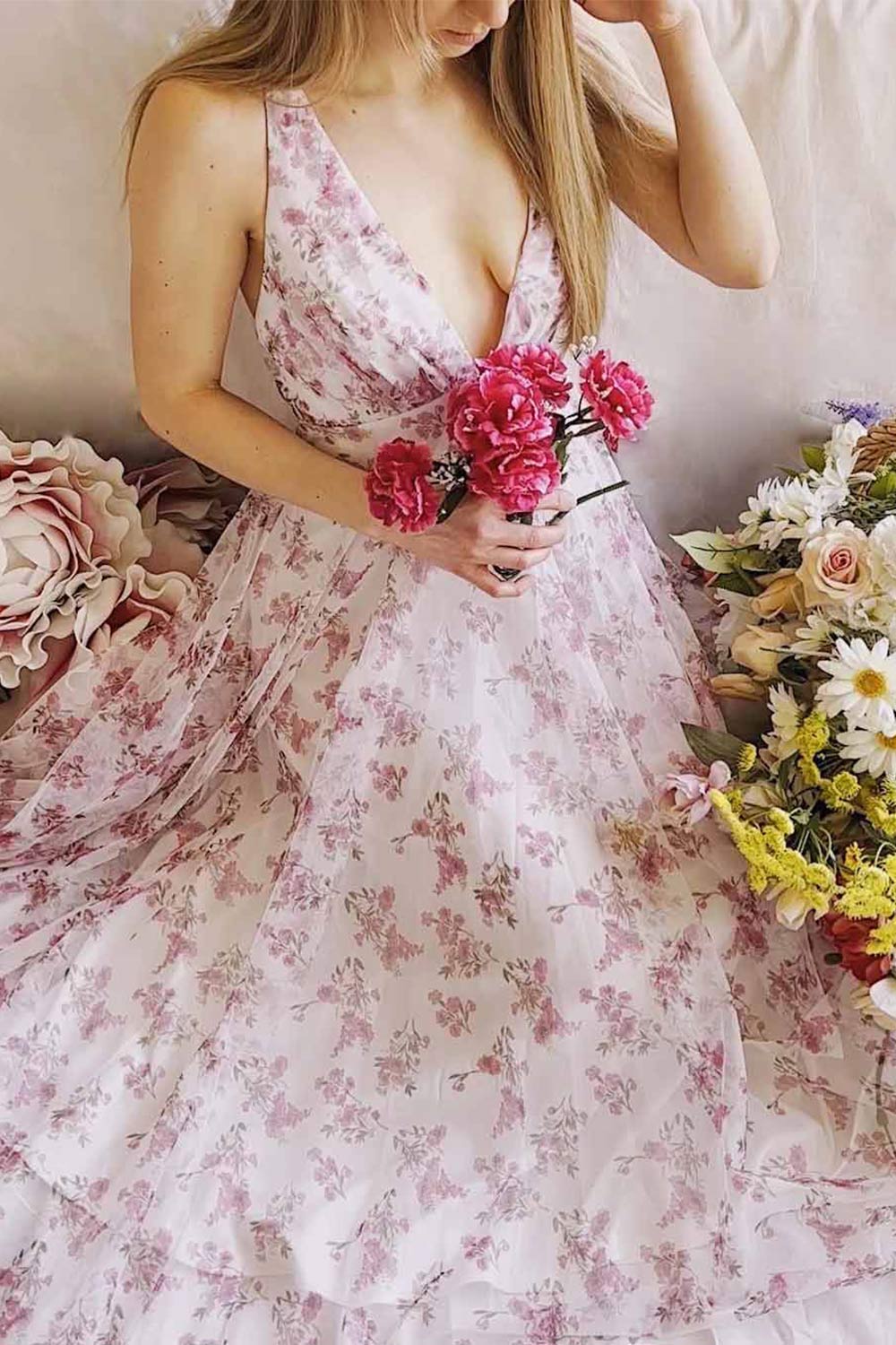 Claudie Plunging Neckline Tulle Midi Dress | Boutique 1861 on model