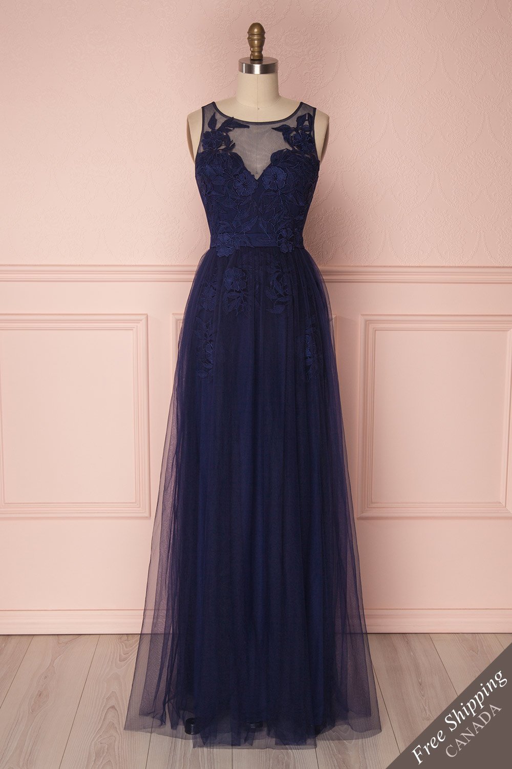 Claudina Navy Blue Mesh Gown with Floral Appliqués | Boudoir 1861