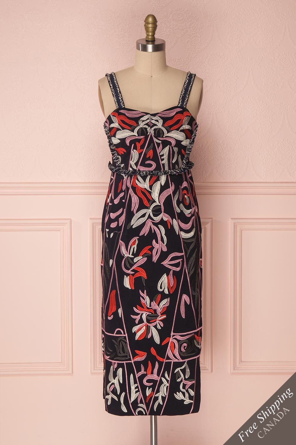 Cleone Navy Embroidered & Fitted Midi Cocktail Dress | Boutique 1861