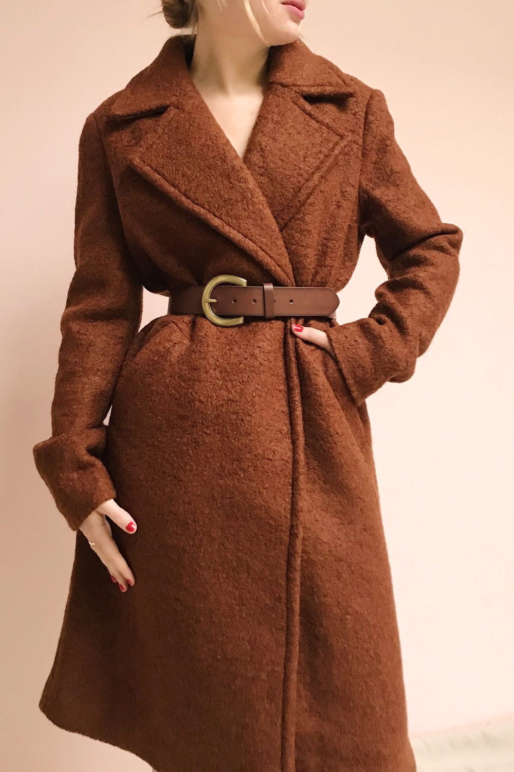 Fangdalen Cognac Brown Coat | Manteau Brun | La Petite Garçonne on model