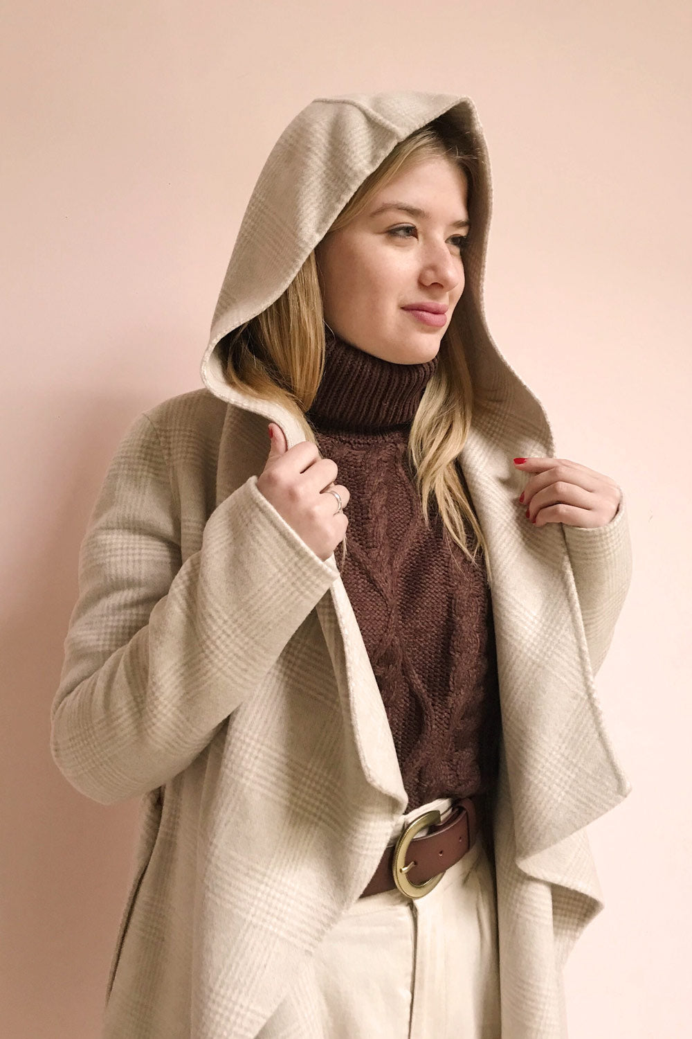 Samia Beige Checkered Felt Trench Coat | La Petite Garçonne model look