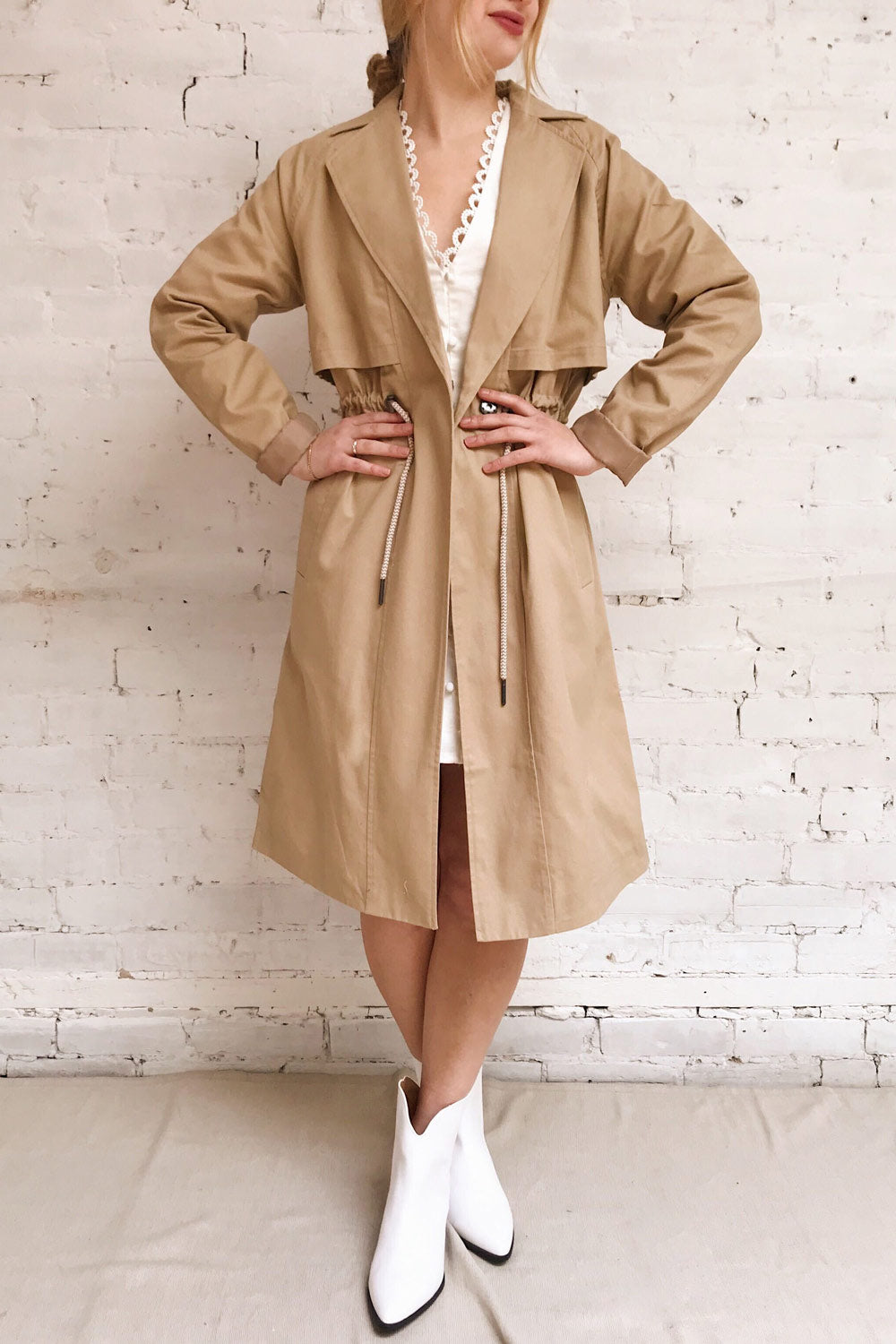 Walcourt Beige Midi Trench Coat | La petite garçonne on model