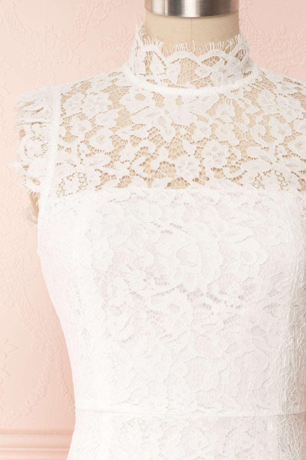 Colombe White High-Neck Lace Short Dress | Boutique 1861 front close up