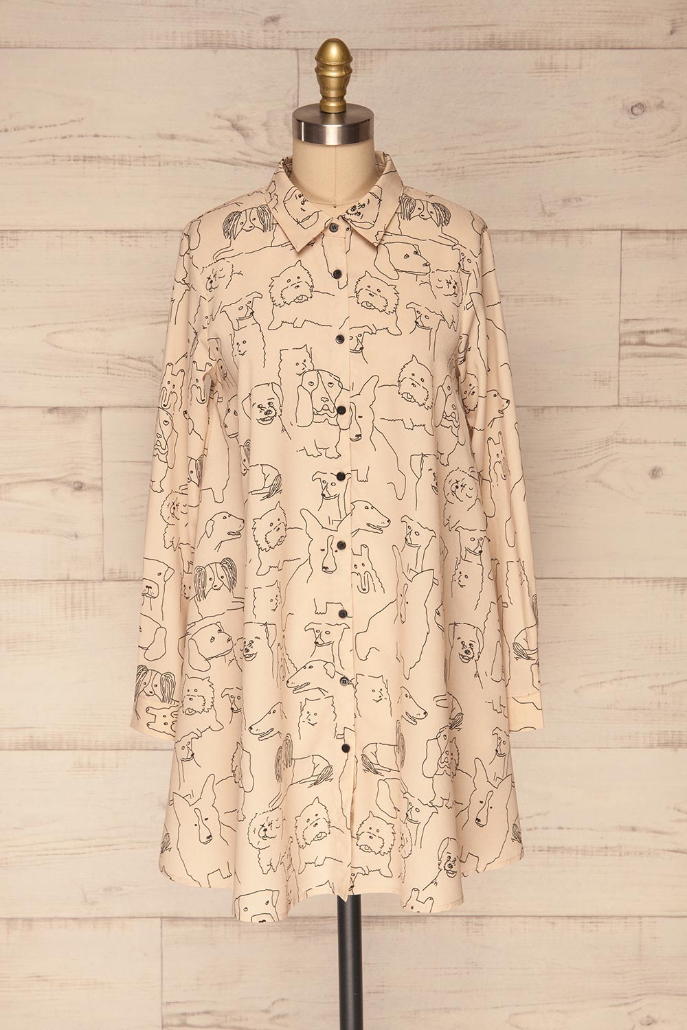 Coventry Beige Dog Pattern Flared Shirt Dress | La Petite Garçonne front view