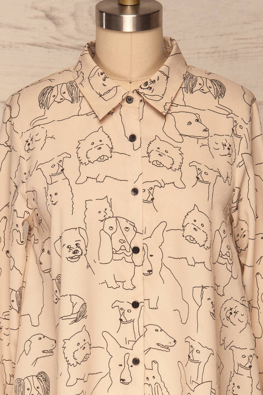 Coventry Beige Dog Pattern Flared Shirt Dress | La Petite Garçonne front close-up