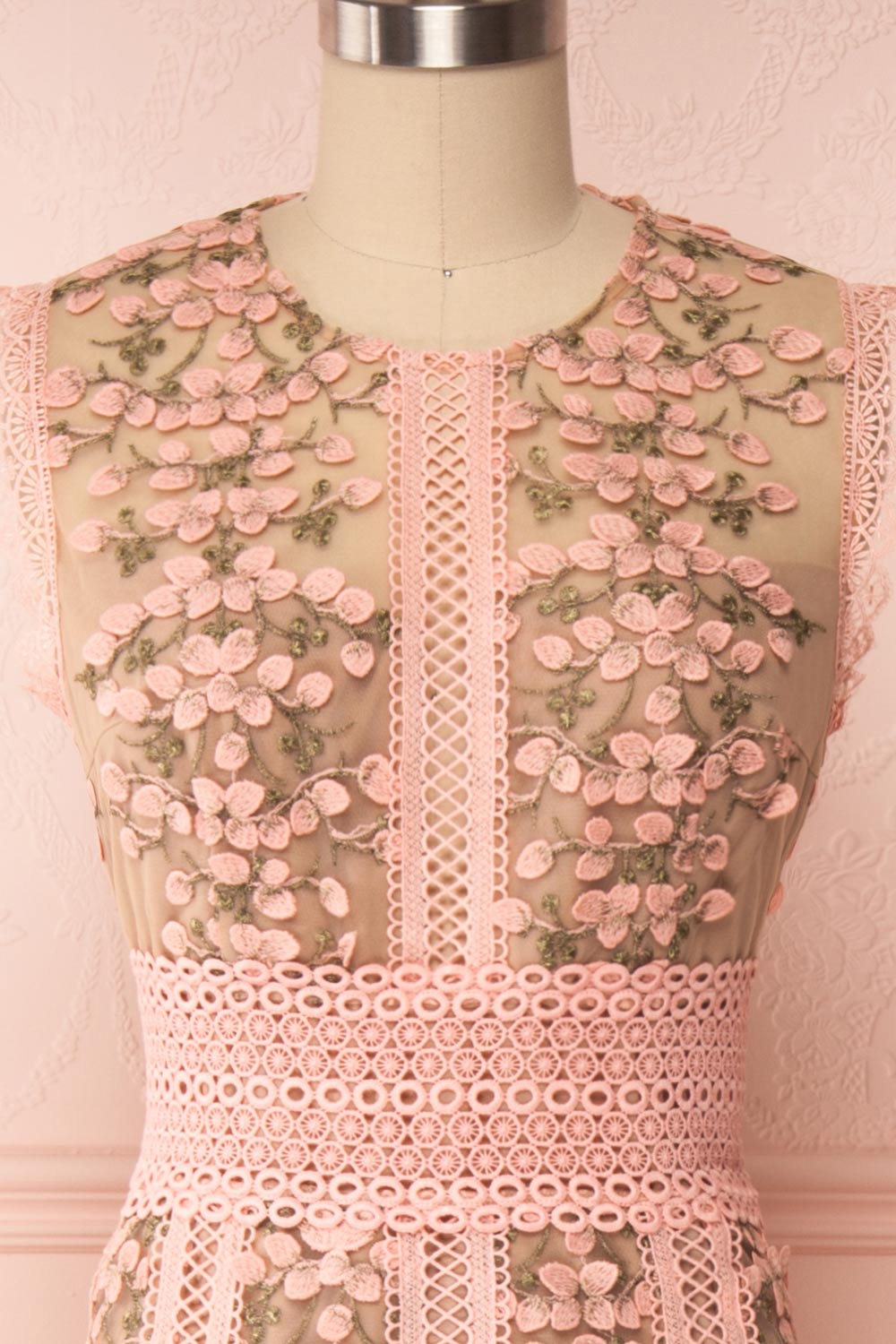 Cynosura Pink & Taupe Mesh Embroidered Maxi Dress | Boutique 1861 front close up