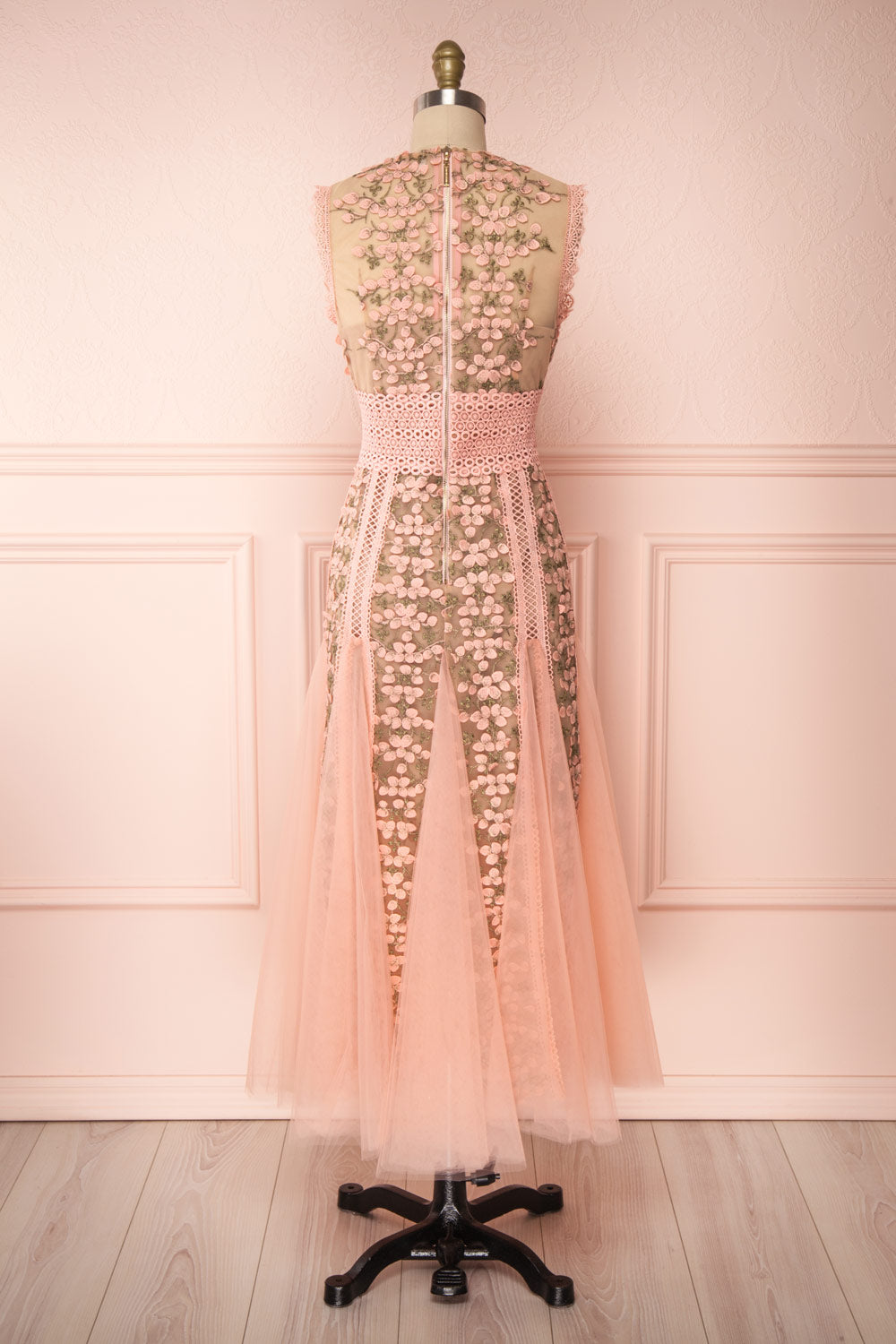 Cynosura Pink & Taupe Mesh Embroidered Maxi Dress | Boutique 1861 back view
