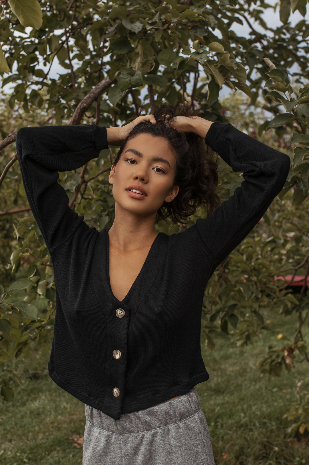 Nova Black Ribbed Button-Up V-Neck Cardigan | La petite garçonne daily